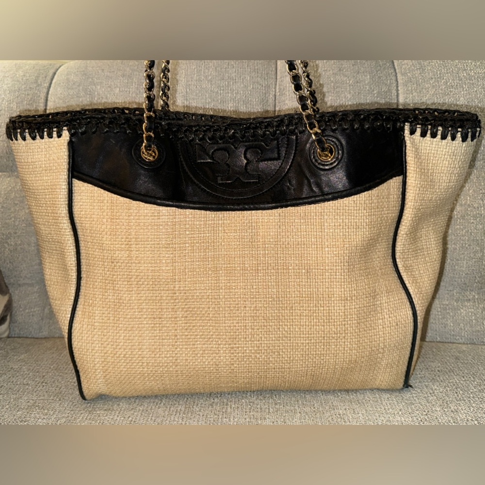 Tory Burch Fleming Raffia Black & Beige Tote - Picture 4 of 12